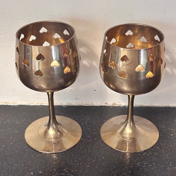 Vintage Brass Chalice Candle Holder Lot Of 2 Hearts All Around Brass Decor - Picture 1 of 5